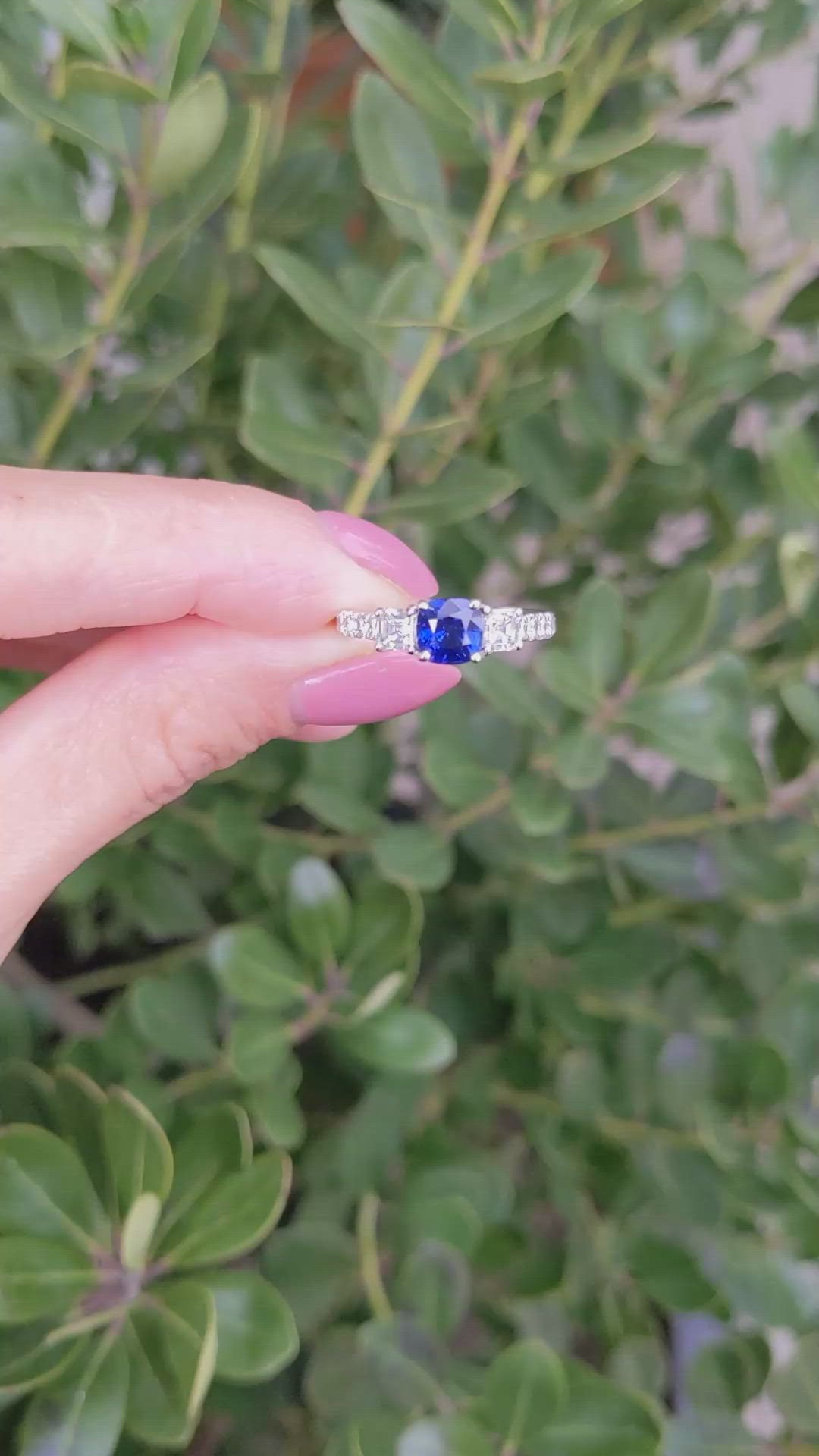 1.22 Ct. Blue Sapphire and Natural Diamond Pave Ring, 18K White Gold Size Video