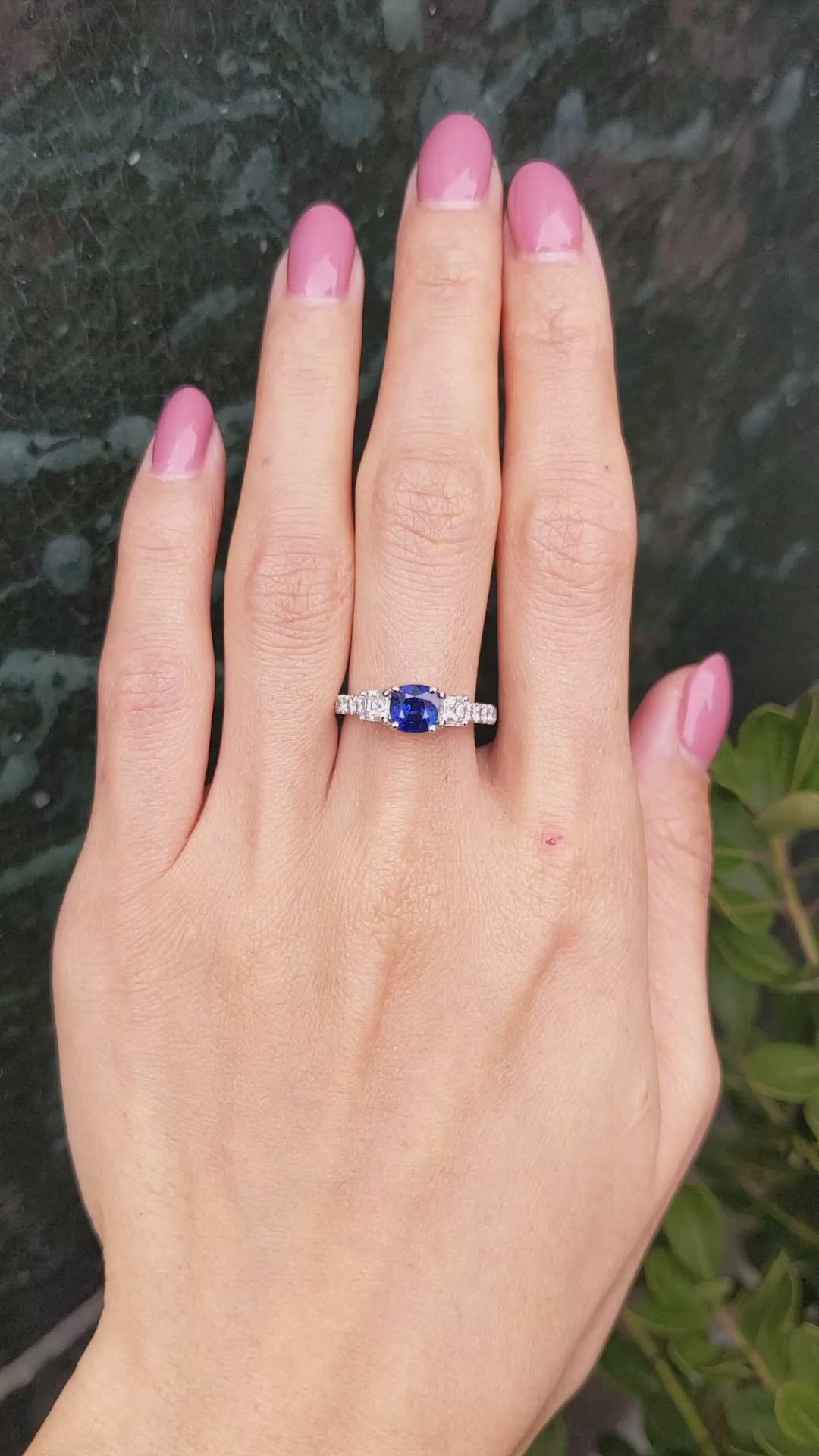 1.22 Ct. Blue Sapphire and Natural Diamond Pave Ring, 18K White Gold Size Video