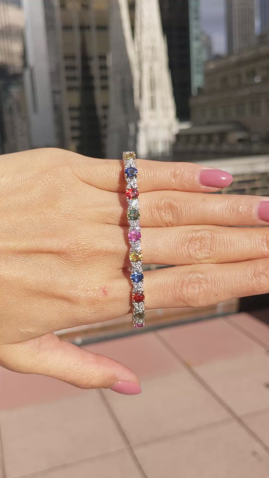 10.26&nbsp;Ct.Tw.Total Carat Weight Multi Color Sapphire and Natural Diamond Tennis/Line Bracelet, 18K White & Yellow Size Video