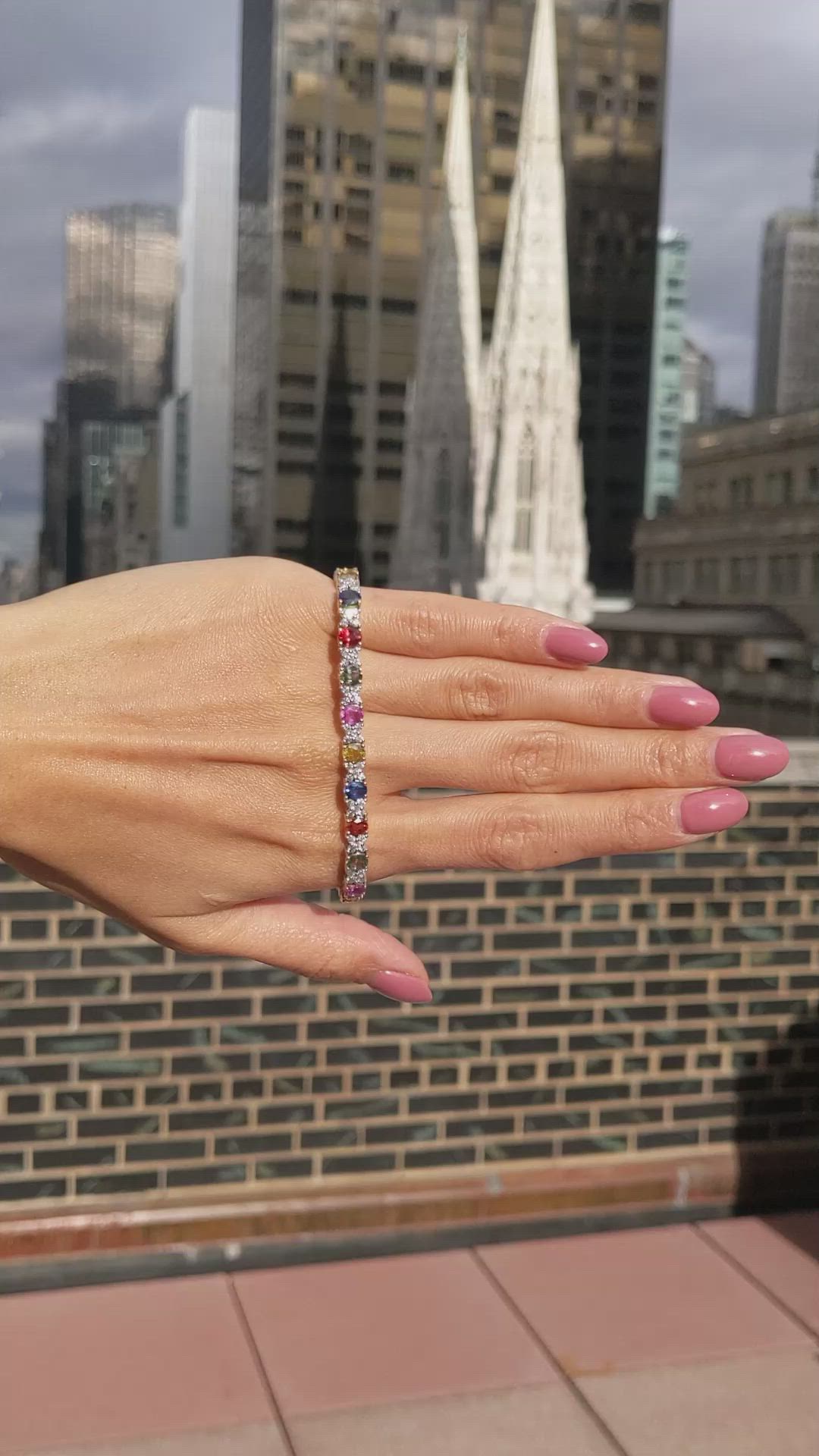 10.26&nbsp;Ct.Tw.Total Carat Weight Multi Color Sapphire and Natural Diamond Tennis/Line Bracelet, 18K White & Yellow Size Video