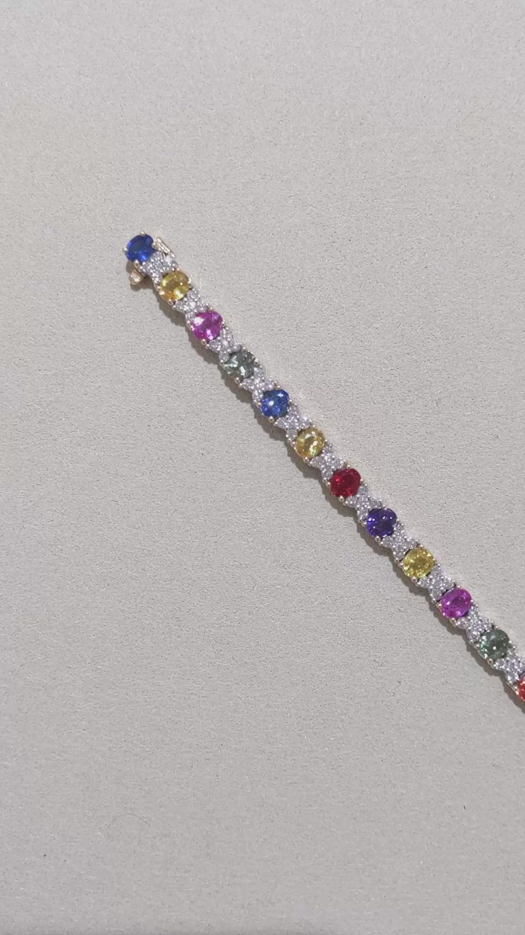 10.26&nbsp;Ct.Tw.Total Carat Weight Multi Color Sapphire and Natural Diamond Tennis/Line Bracelet, 18K White & Yellow Size Video