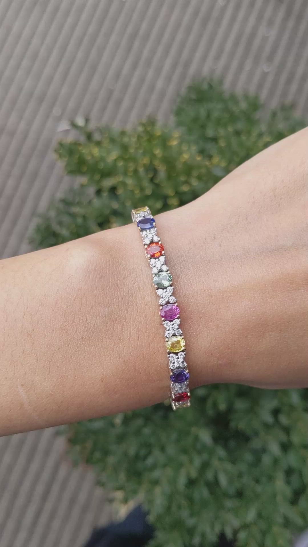 10.26&nbsp;Ct.Tw.Total Carat Weight Multi Color Sapphire and Natural Diamond Tennis/Line Bracelet, 18K White & Yellow Size Video