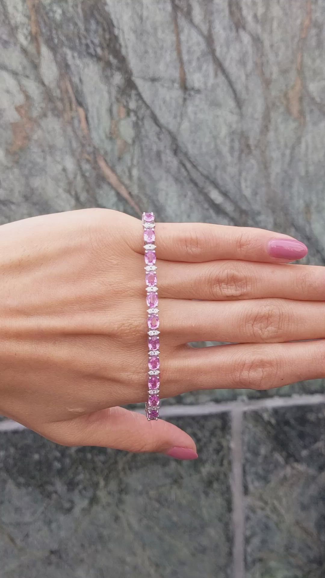 10.06&nbsp;Ct.Tw.Total Carat Weight Pink Sapphire and Natural Diamond Tennis/Line Bracelet, 18K White Gold Size Video
