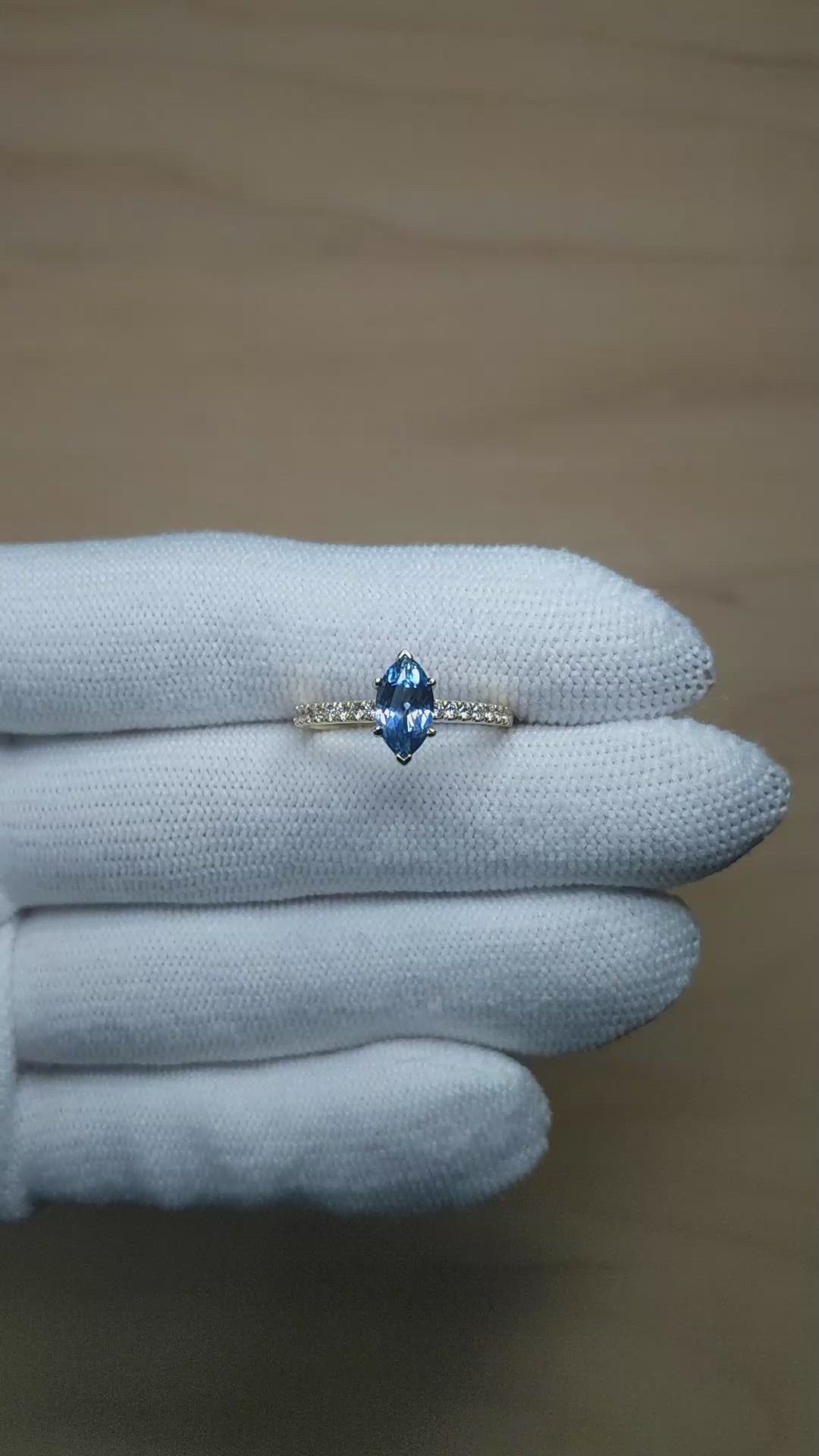 0.97 Ct. Blue Sapphire and Natural Diamond Pave Ring, 18K Yellow Gold Size Video