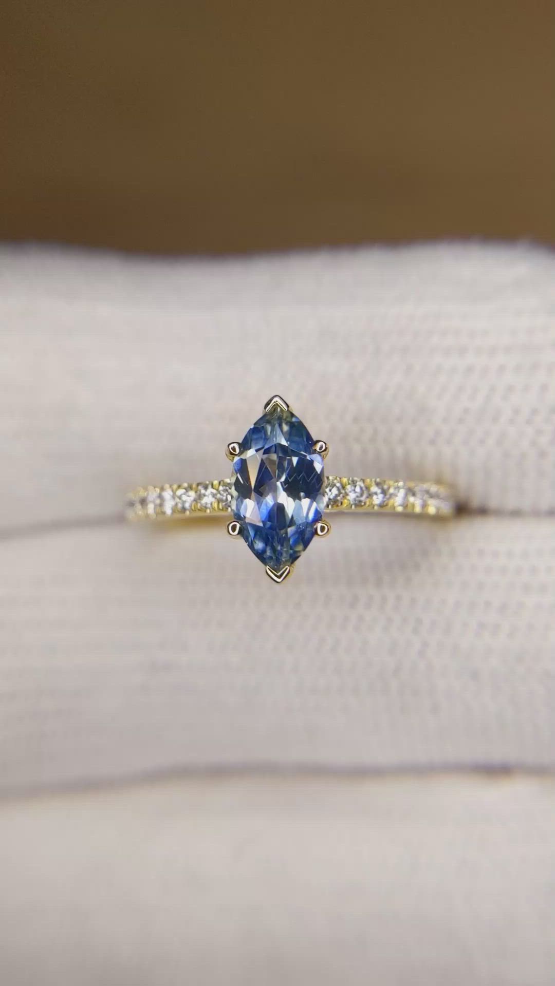 0.97 Ct. Blue Sapphire and Natural Diamond Pave Ring, 18K Yellow Gold Size Video