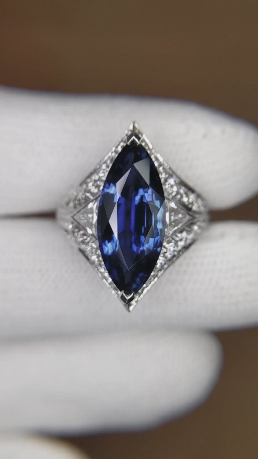 5.58 Ct. Blue Sapphire and Natural Diamond Antique Style Ring, 18K White Gold Size Video