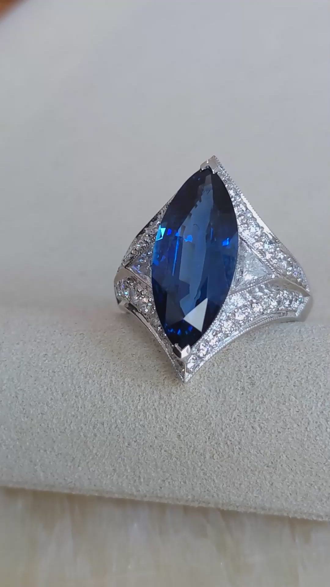 5.58 Ct. Blue Sapphire and Natural Diamond Antique Style Ring, 18K White Gold Size Video