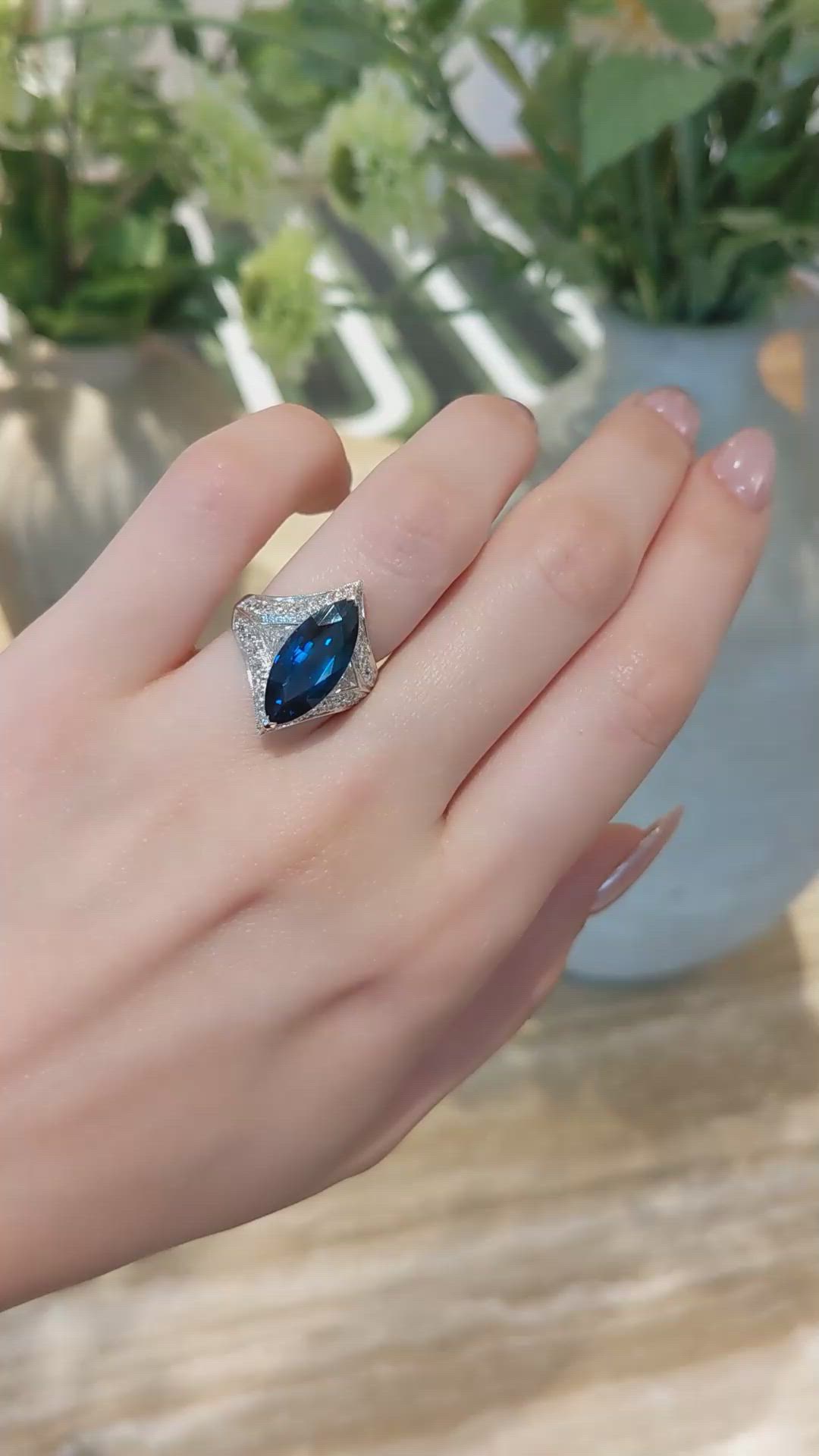 5.58 Ct. Blue Sapphire and Natural Diamond Antique Style Ring, 18K White Gold Size Video