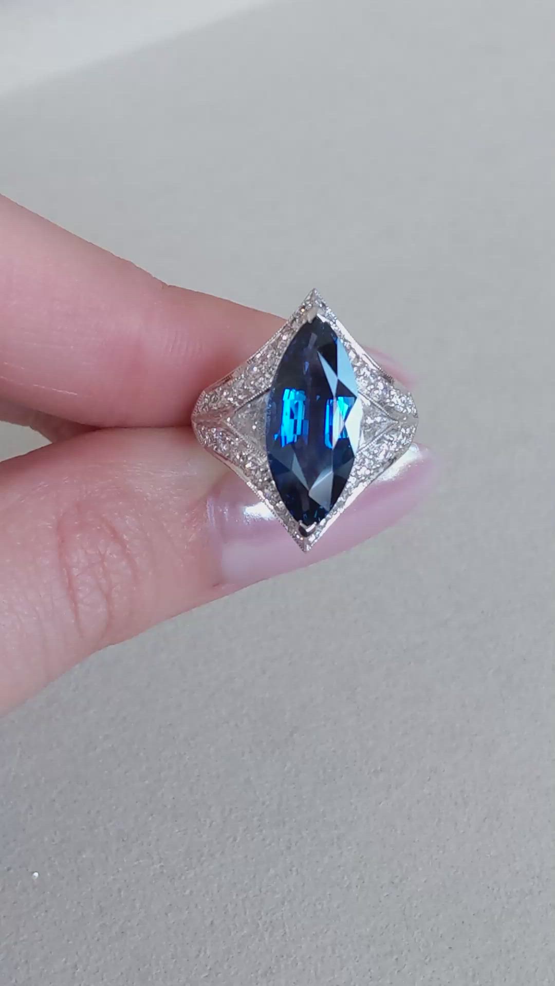 5.58 Ct. Blue Sapphire and Natural Diamond Antique Style Ring, 18K White Gold Size Video