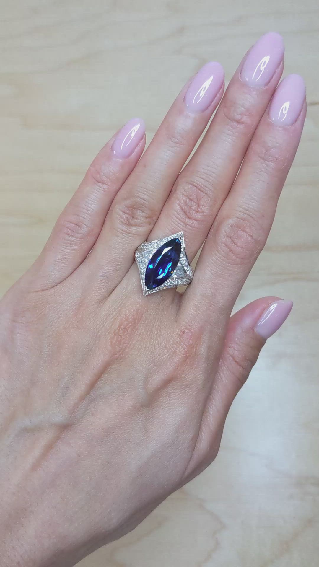 5.58 Ct. Blue Sapphire and Natural Diamond Antique Style Ring, 18K White Gold Size Video