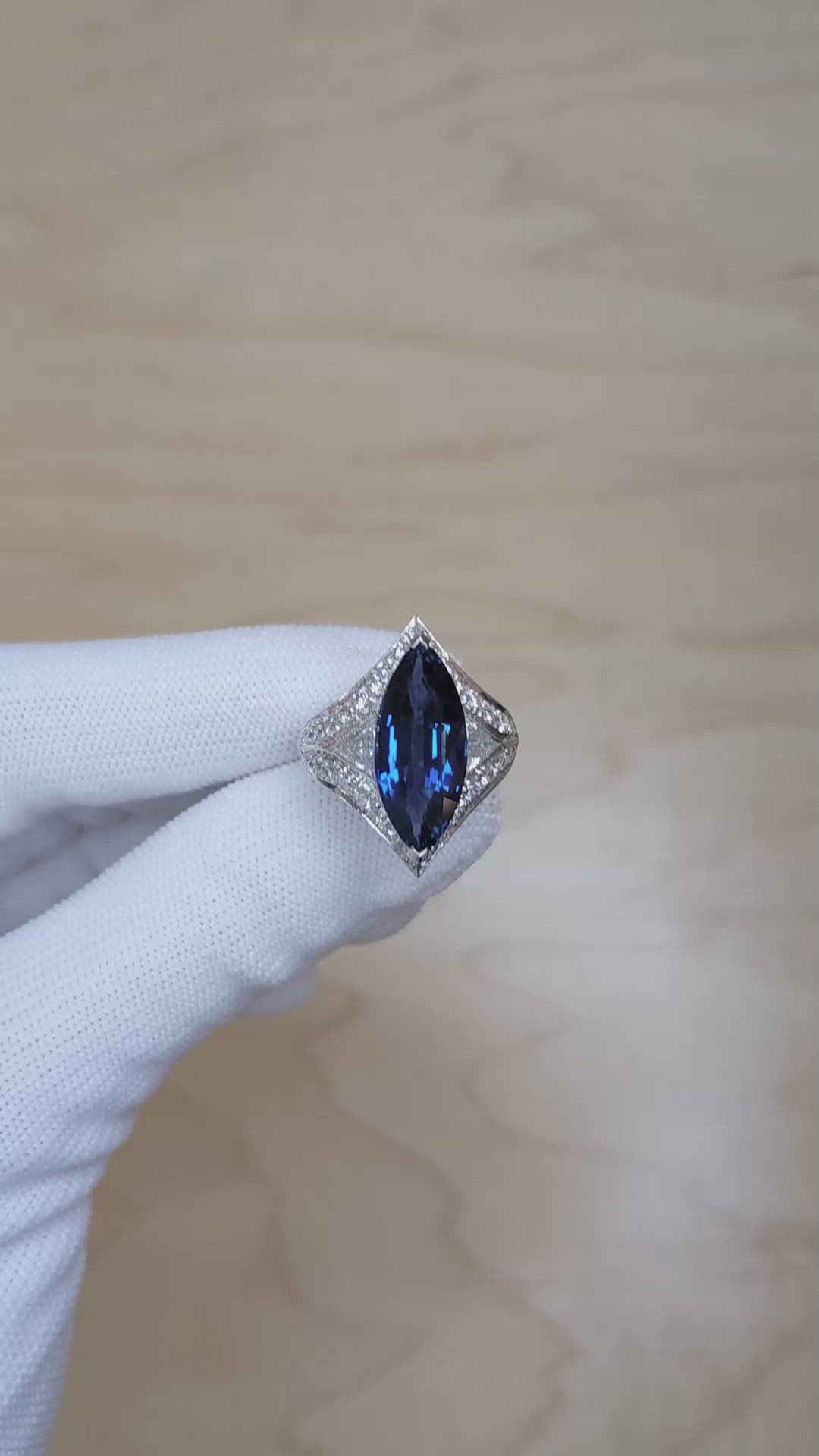 5.58 Ct. Blue Sapphire and Natural Diamond Antique Style Ring, 18K White Gold Size Video