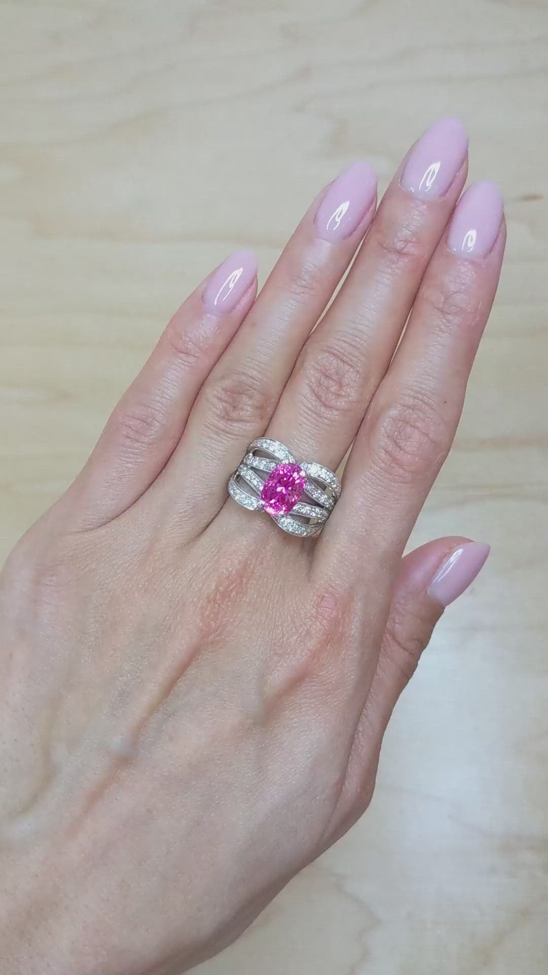 4.14 Ct. Purplish Pink Sapphire and Natural Diamond Pave Ring, 18K White Gold Size Video