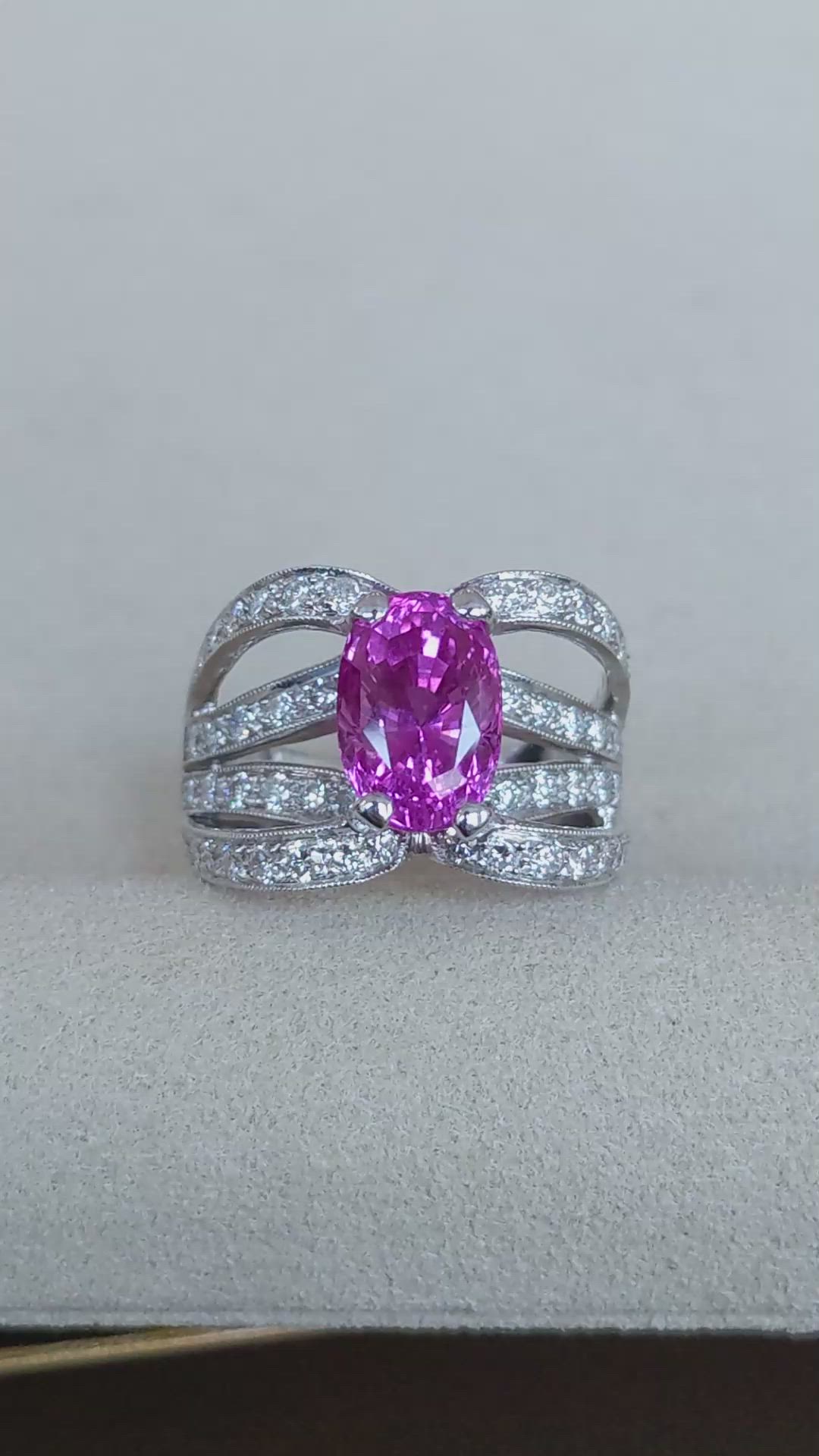 4.14 Ct. Purplish Pink Sapphire and Natural Diamond Pave Ring, 18K White Gold Size Video