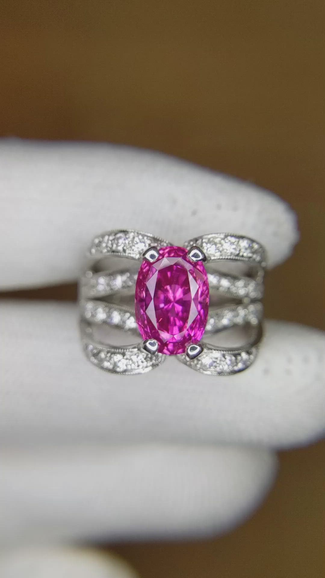 4.14 Ct. Purplish Pink Sapphire and Natural Diamond Pave Ring, 18K White Gold Size Video