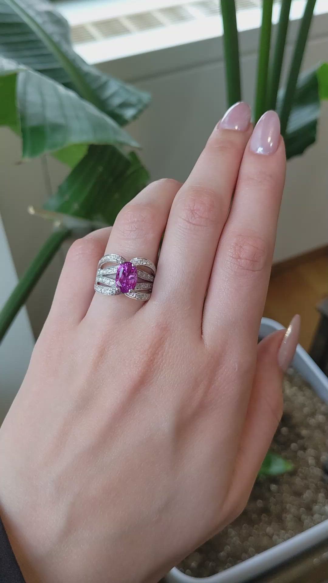 4.14 Ct. Purplish Pink Sapphire and Natural Diamond Pave Ring, 18K White Gold Size Video