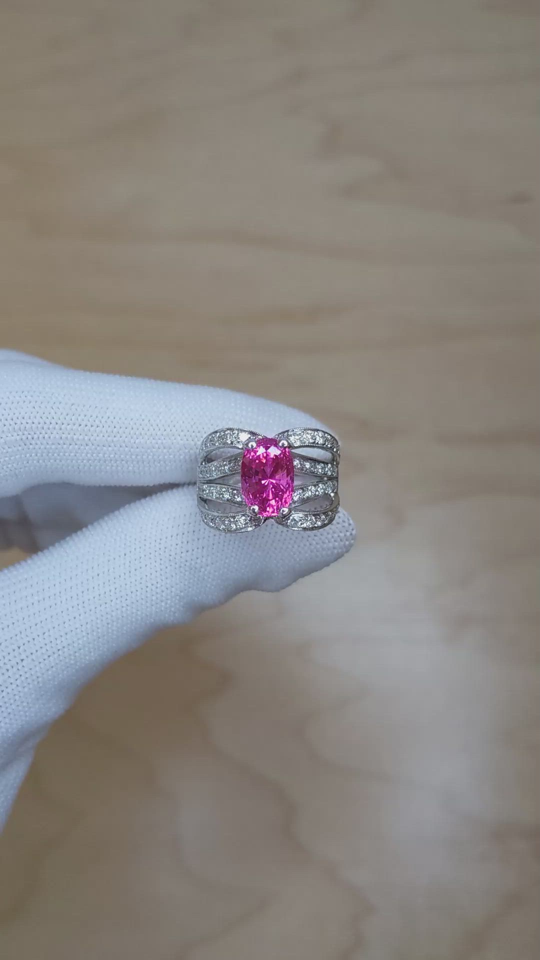4.14 Ct. Purplish Pink Sapphire and Natural Diamond Pave Ring, 18K White Gold Size Video