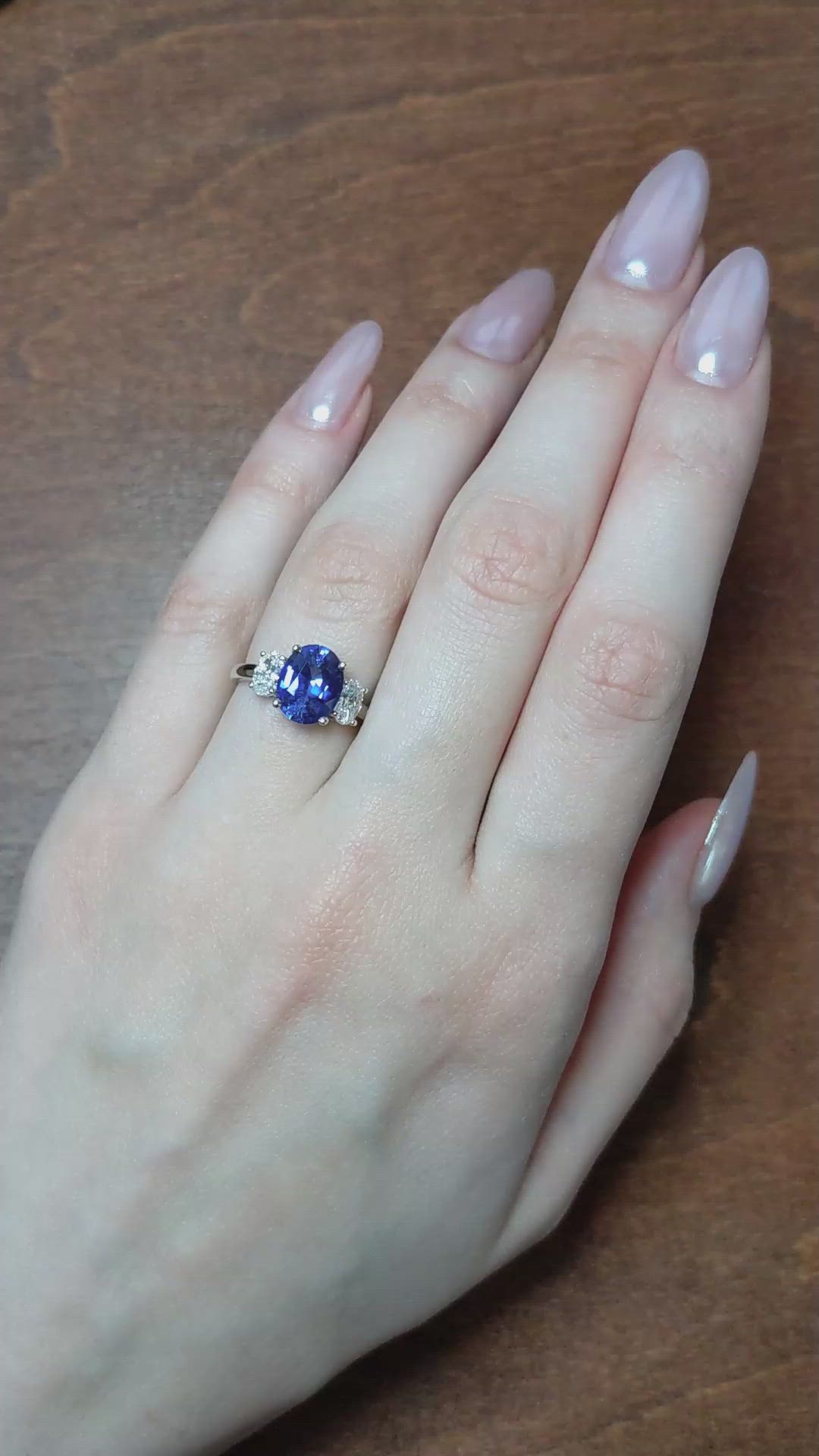 3.60 Ct. Blue Sapphire and Natural Diamond Three Stone Ring, 18K White Gold Size Video