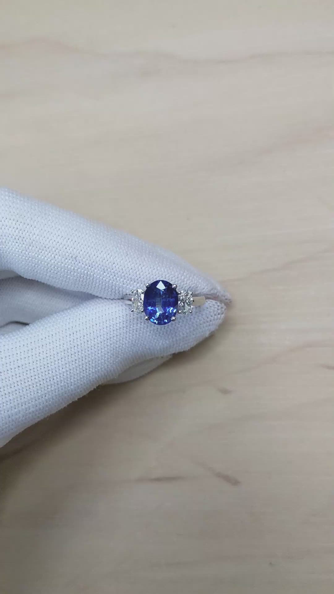 3.60 Ct. Blue Sapphire and Natural Diamond Three Stone Ring, 18K White Gold Size Video