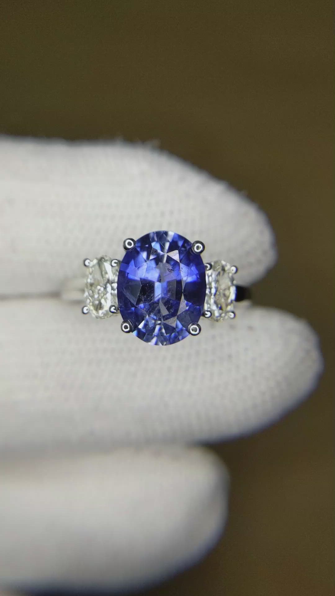 3.60 Ct. Blue Sapphire and Natural Diamond Three Stone Ring, 18K White Gold Size Video