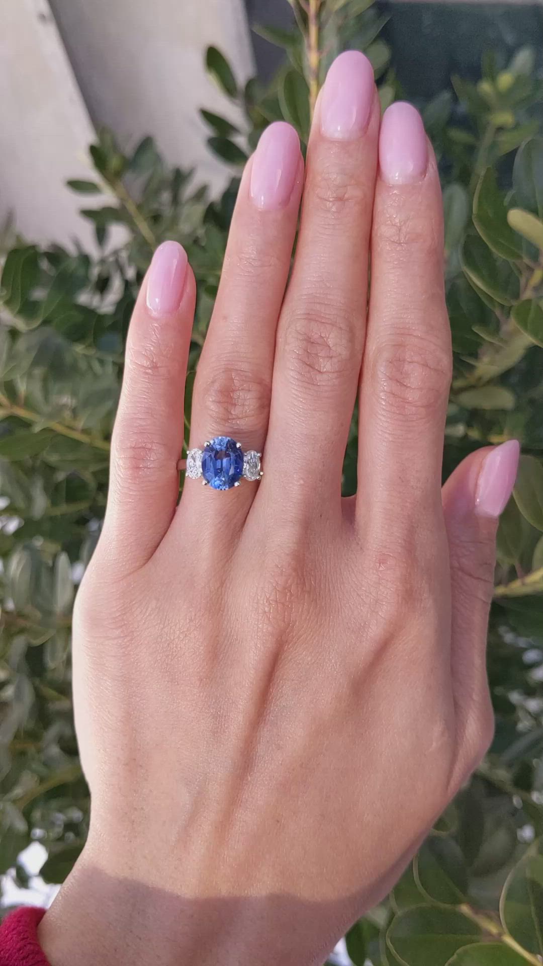 3.60 Ct. Blue Sapphire and Natural Diamond Three Stone Ring, 18K White Gold Size Video