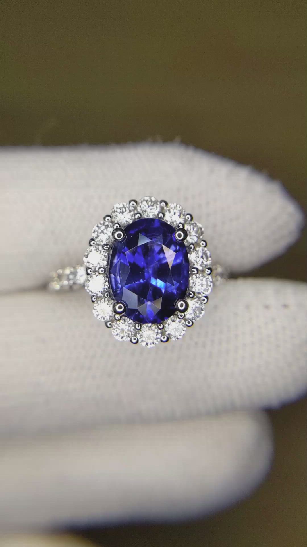 3.42 Ct. Blue Sapphire and Natural Diamond Pave Ring, 18K White Gold Size Video