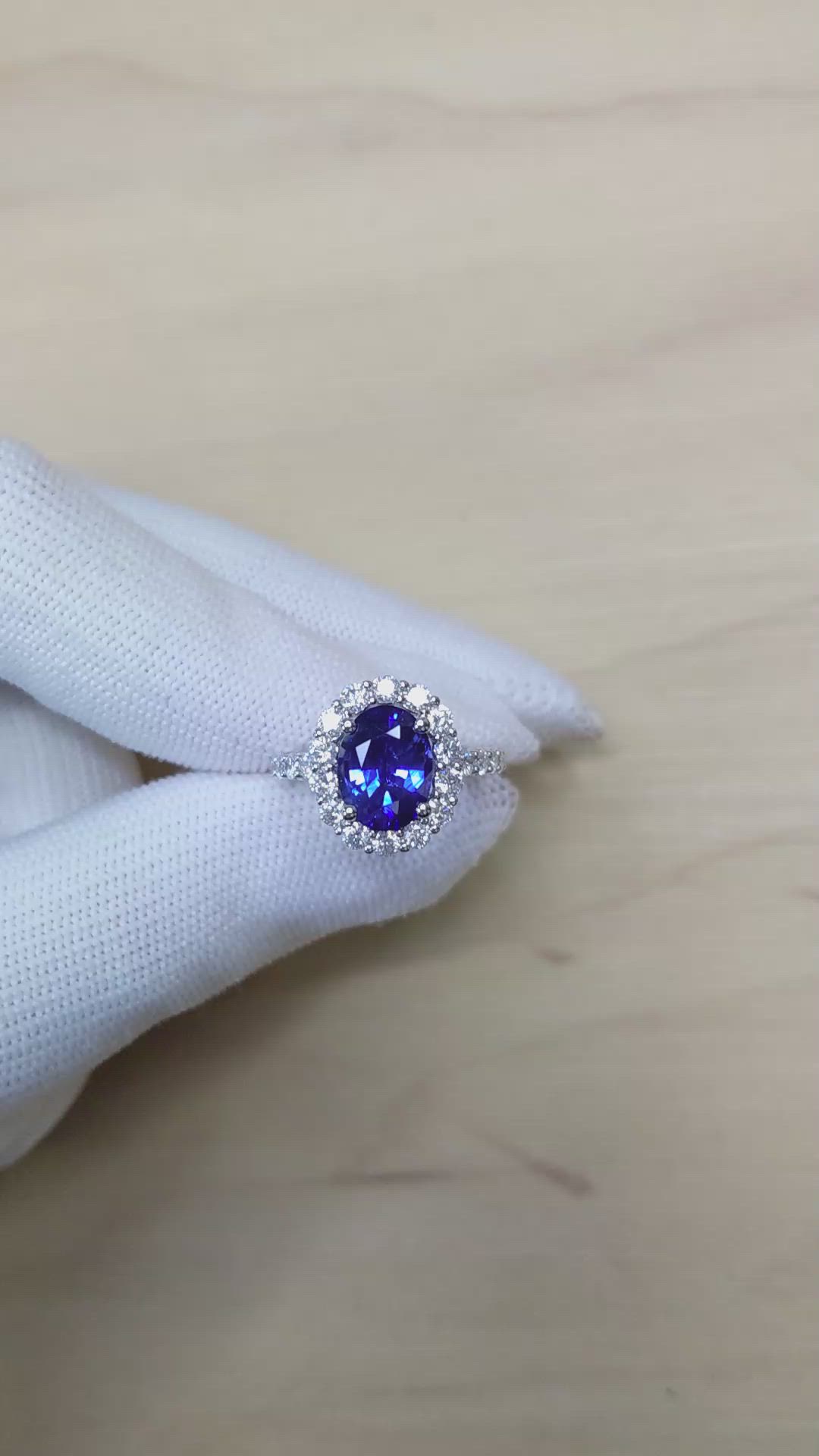 3.42 Ct. Blue Sapphire and Natural Diamond Pave Ring, 18K White Gold Size Video