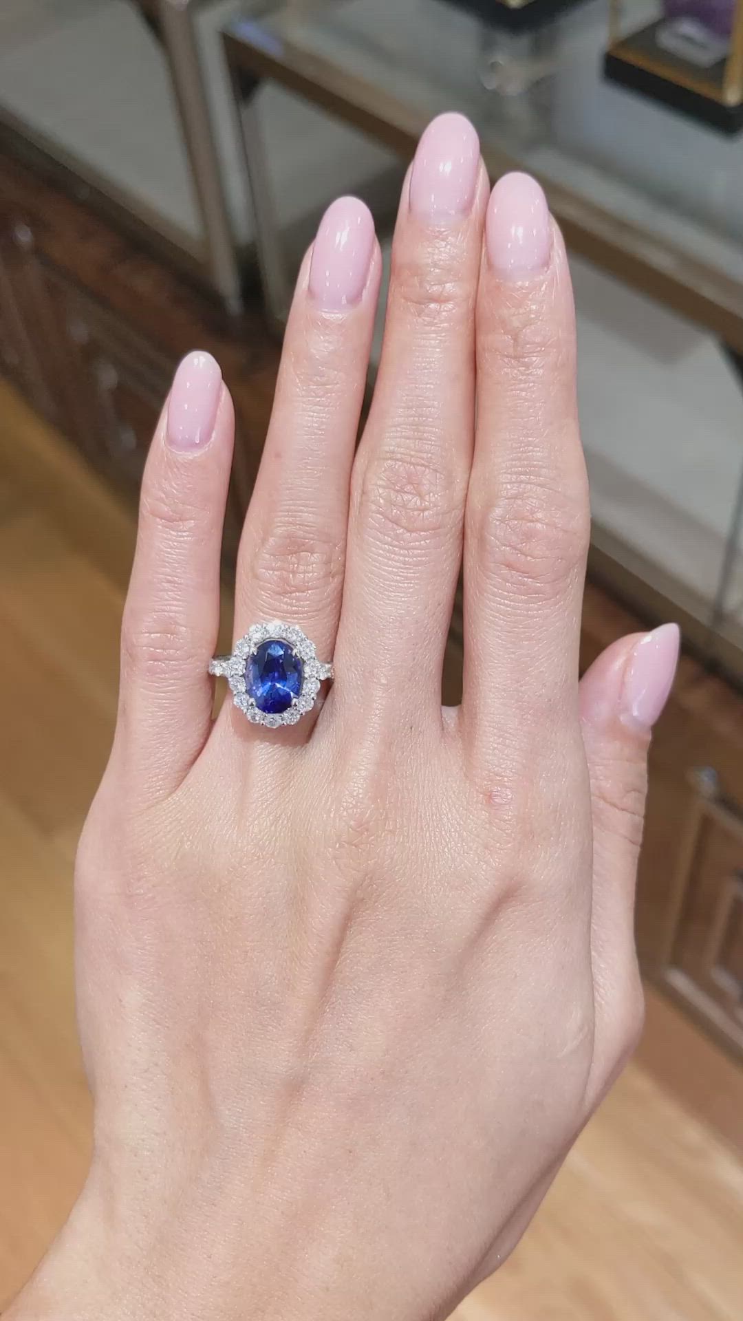 3.42 Ct. Blue Sapphire and Natural Diamond Pave Ring, 18K White Gold Size Video