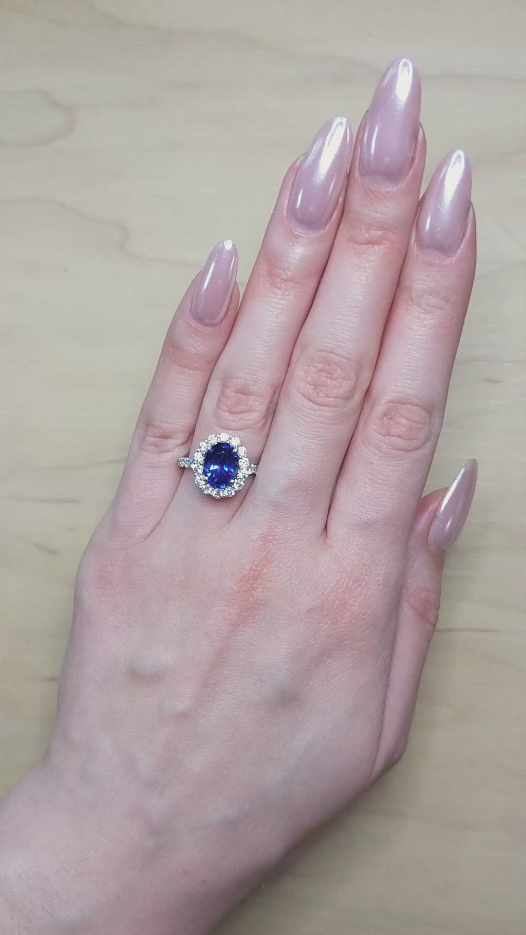 3.42 Ct. Blue Sapphire and Natural Diamond Pave Ring, 18K White Gold Size Video