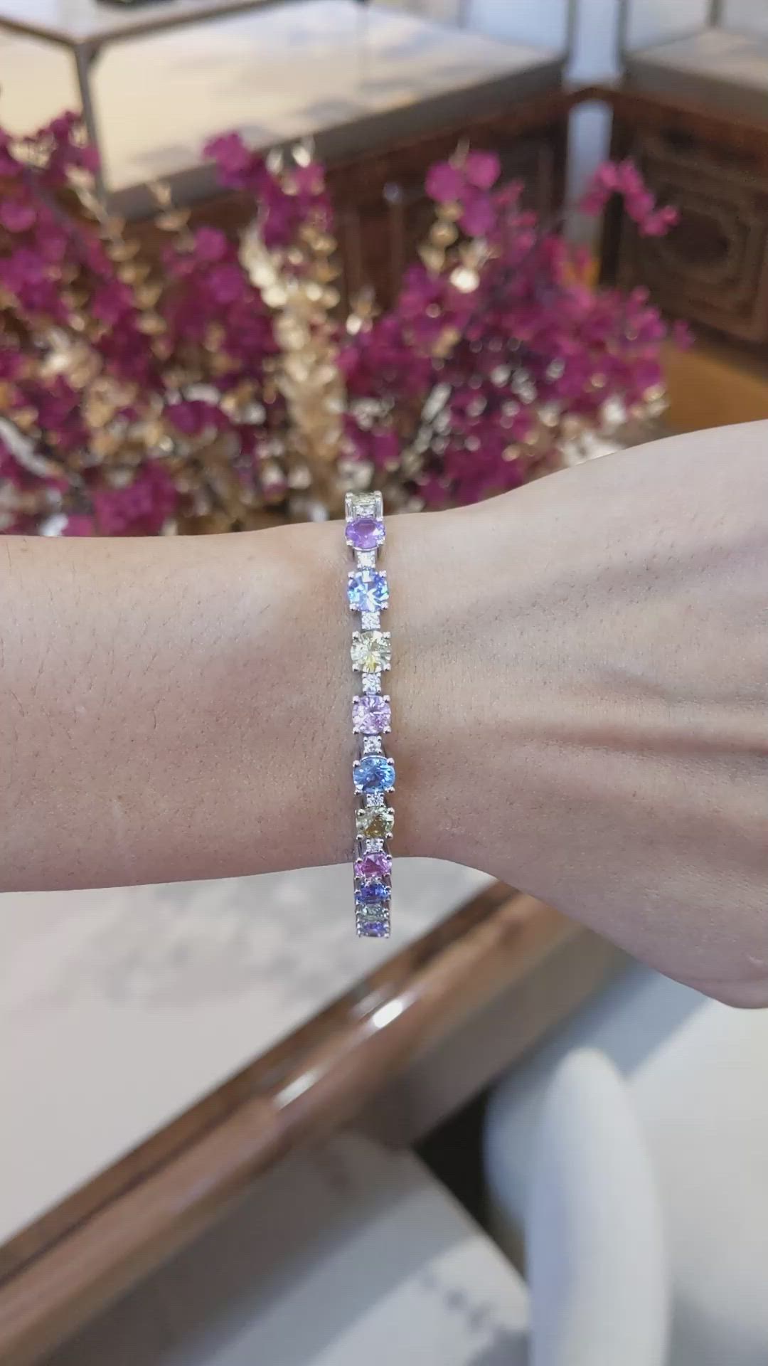 14.36 Ct.Tw.Total Carat Weight Multi Color Sapphire and Natural Diamond Tennis/Line Bracelet, 14K White Gold Size Video