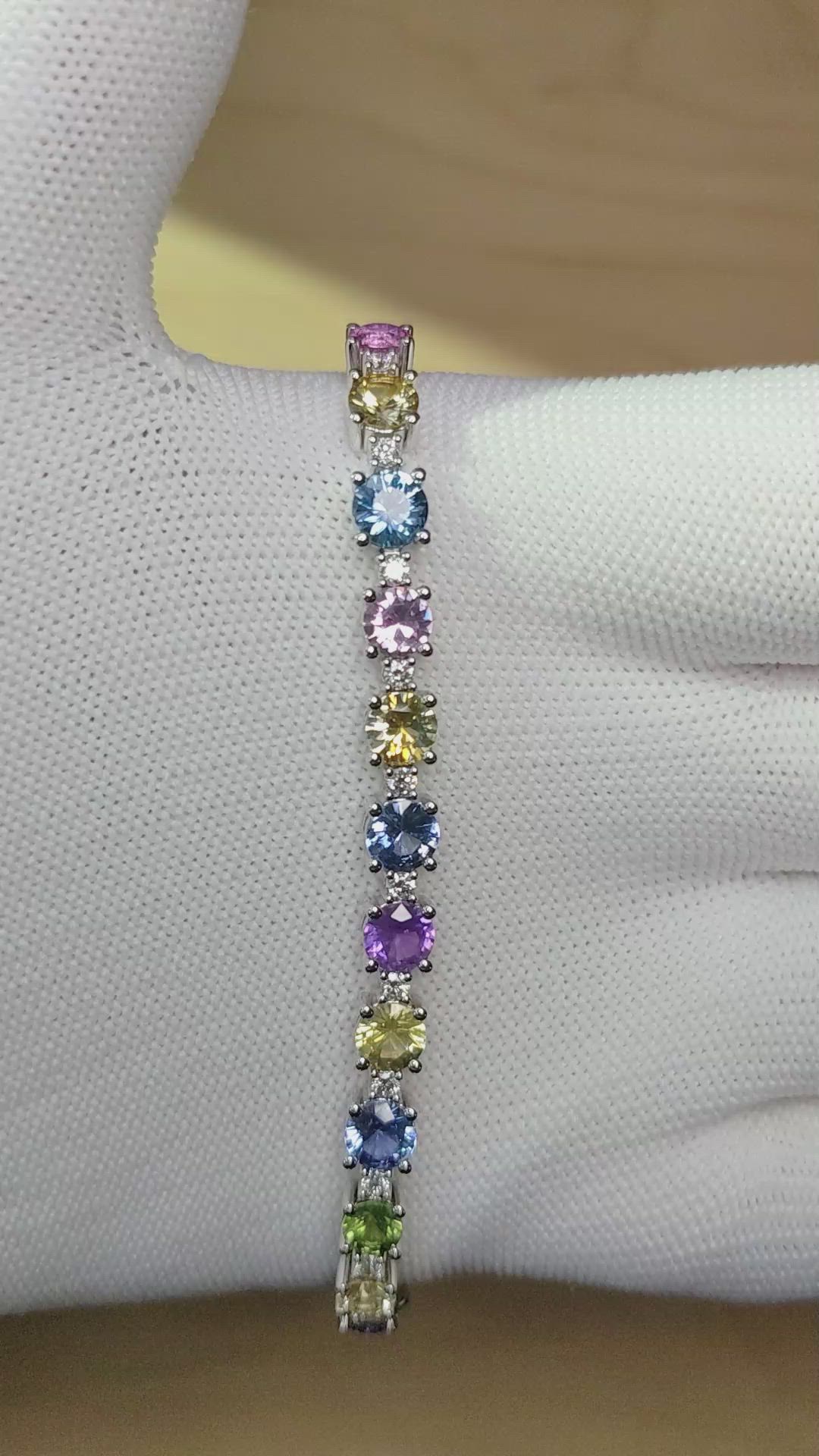 14.36 Ct.Tw.Total Carat Weight Multi Color Sapphire and Natural Diamond Tennis/Line Bracelet, 14K White Gold Size Video