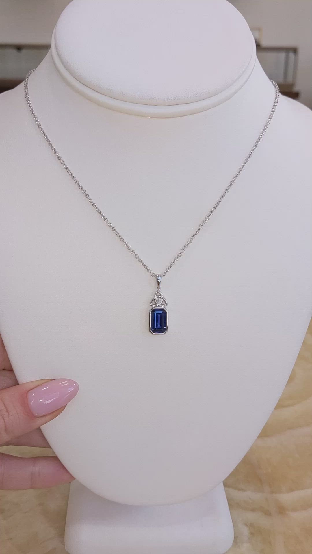 2.57 Ct. Blue Sapphire and Natural Diamond Bezel Pendant, 18K White Gold Size Video