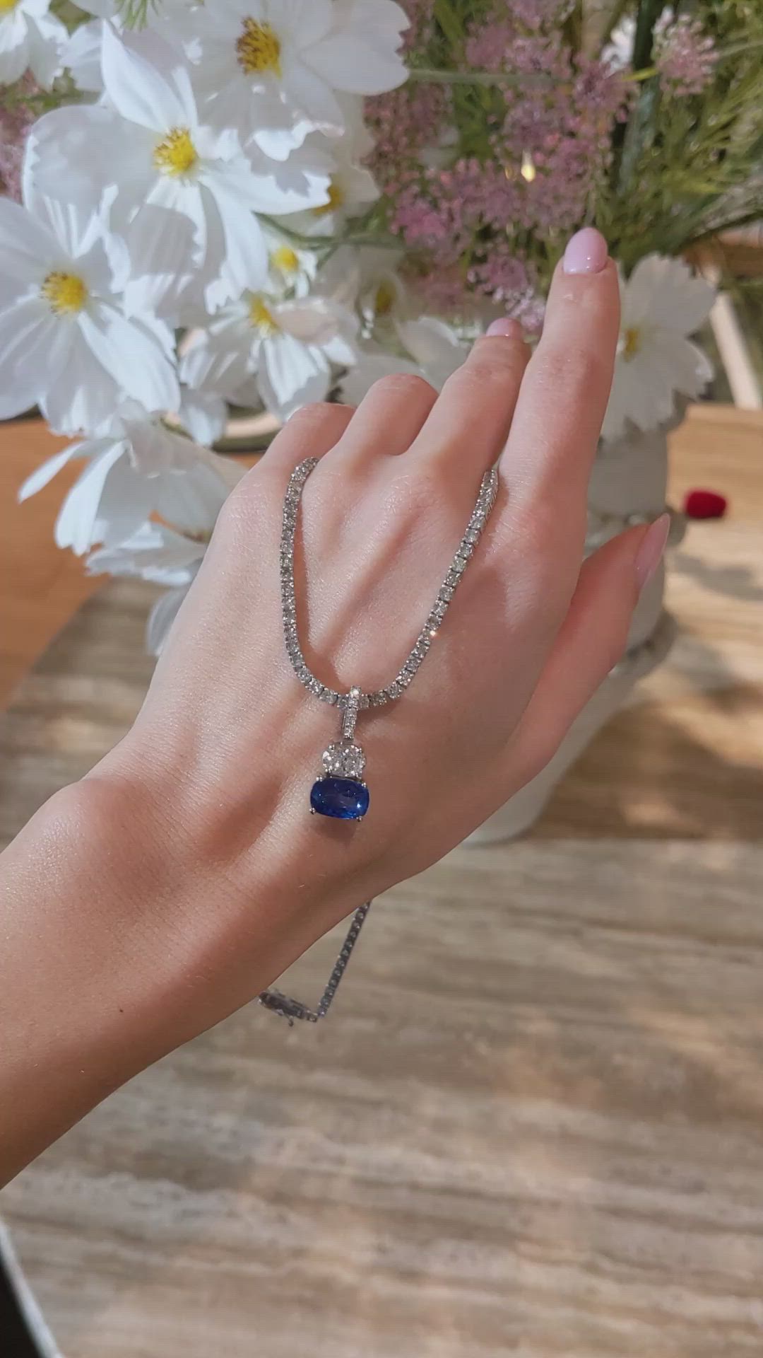 3.11 Ct. Blue Sapphire and Natural Diamond Pave Pendant, 14K White Gold Size Video