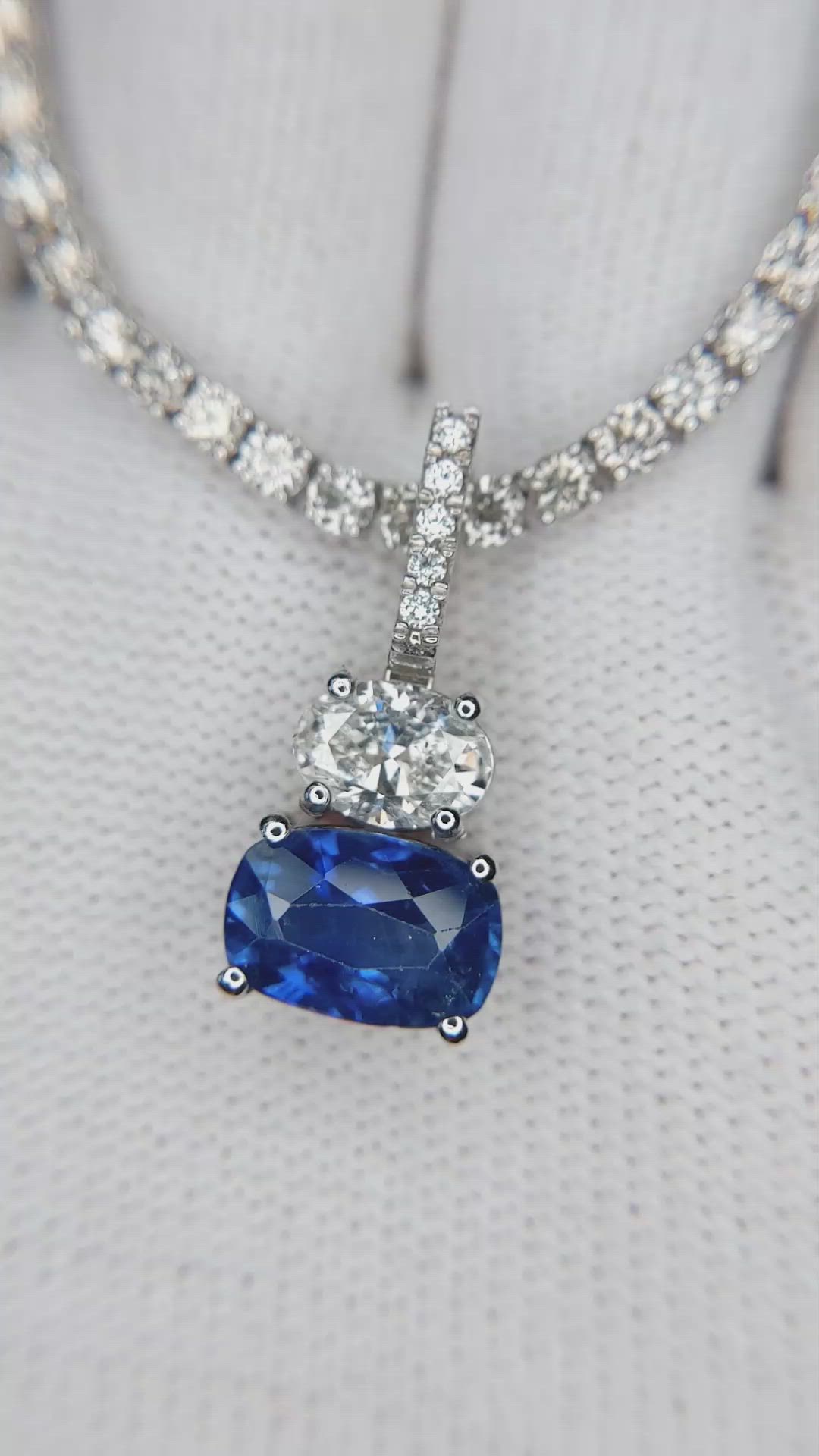 3.11 Ct. Blue Sapphire and Natural Diamond Pave Pendant, 14K White Gold Size Video
