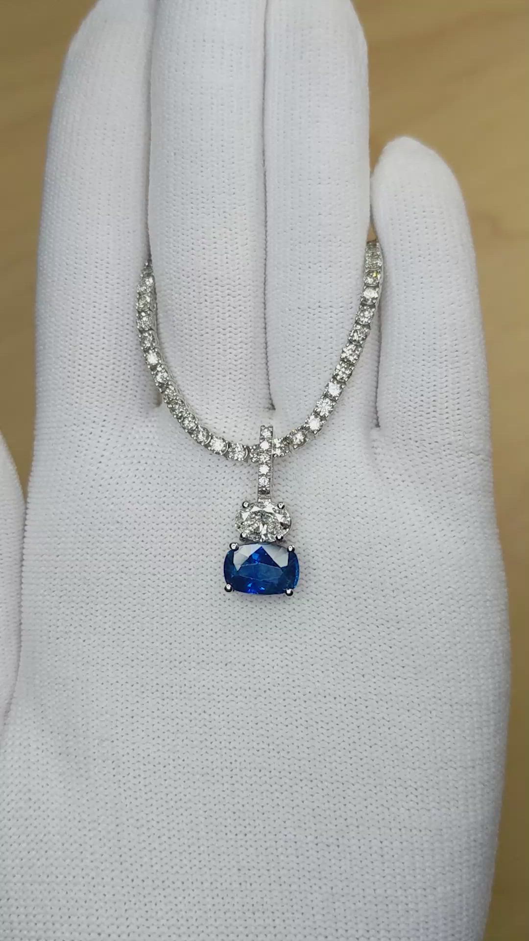 3.11 Ct. Blue Sapphire and Natural Diamond Pave Pendant, 14K White Gold Size Video