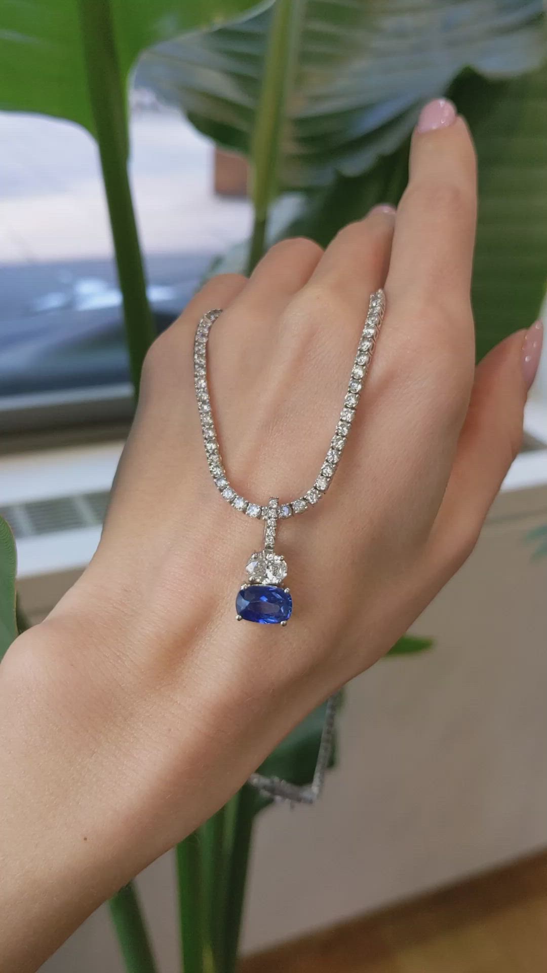 3.11 Ct. Blue Sapphire and Natural Diamond Pave Pendant, 14K White Gold Size Video