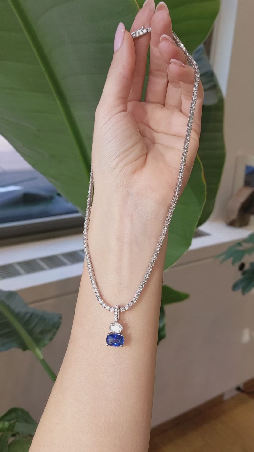 3.11 Ct. Blue Sapphire and Natural Diamond Pave Pendant, 14K White Gold Size Video