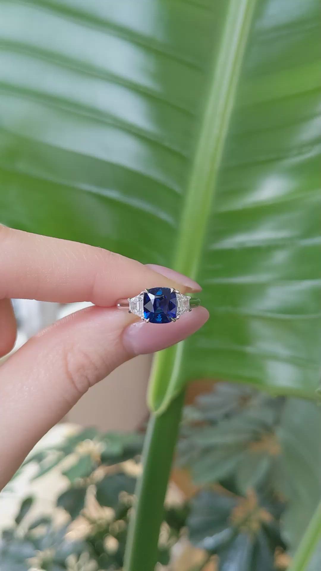 2.57 Ct. Blue Sapphire and Natural Diamond Three Stone Ring, 18K White Gold Size Video