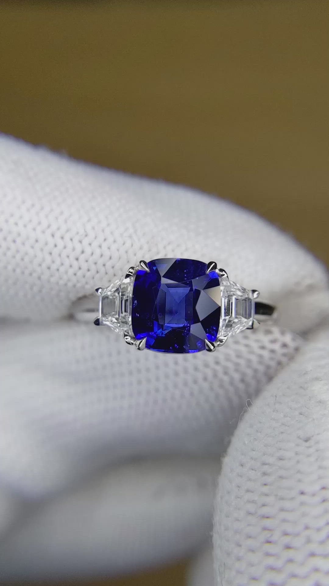 2.57 Ct. Blue Sapphire and Natural Diamond Three Stone Ring, 18K White Gold Size Video
