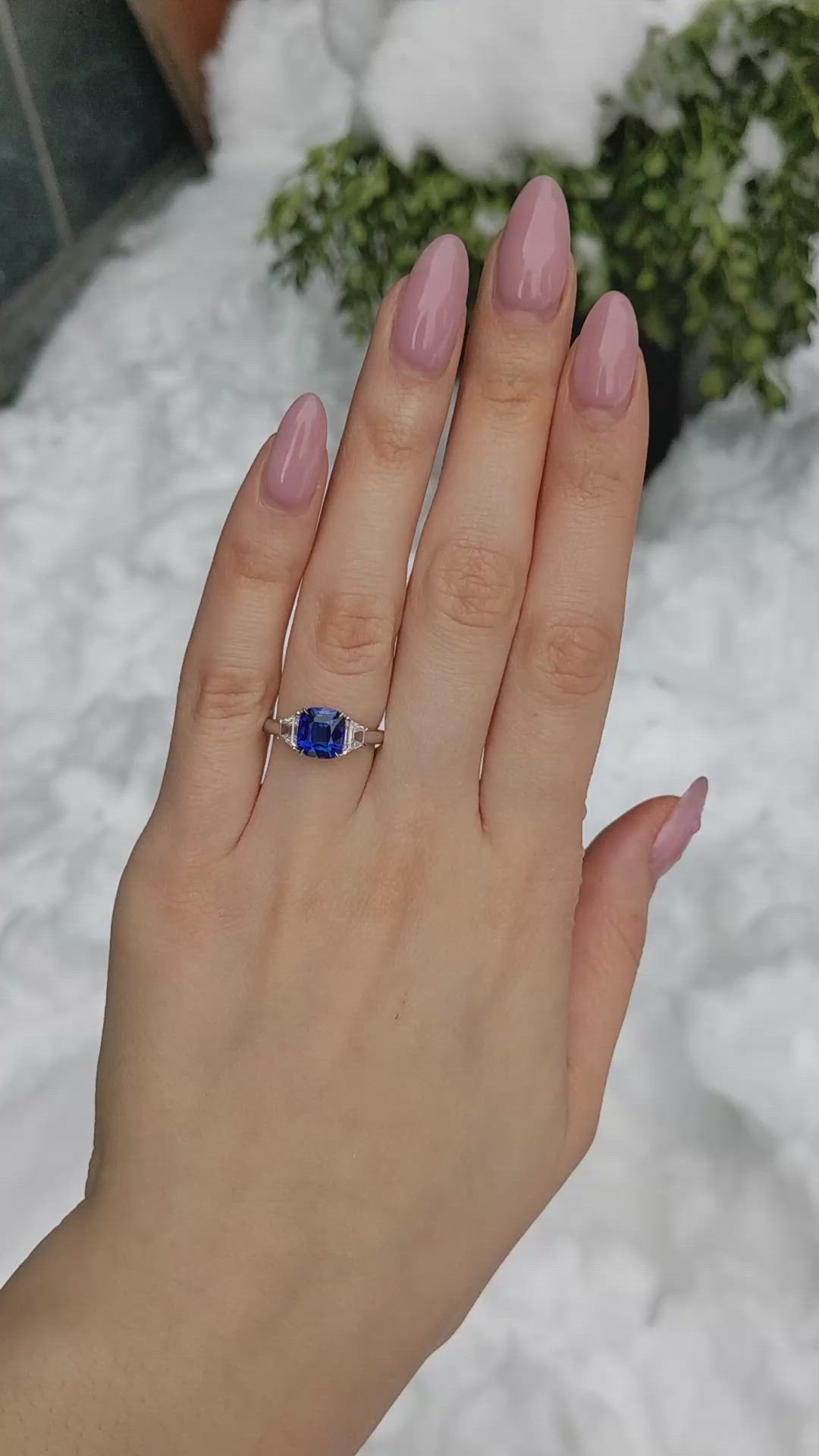 2.57 Ct. Blue Sapphire and Natural Diamond Three Stone Ring, 18K White Gold Size Video