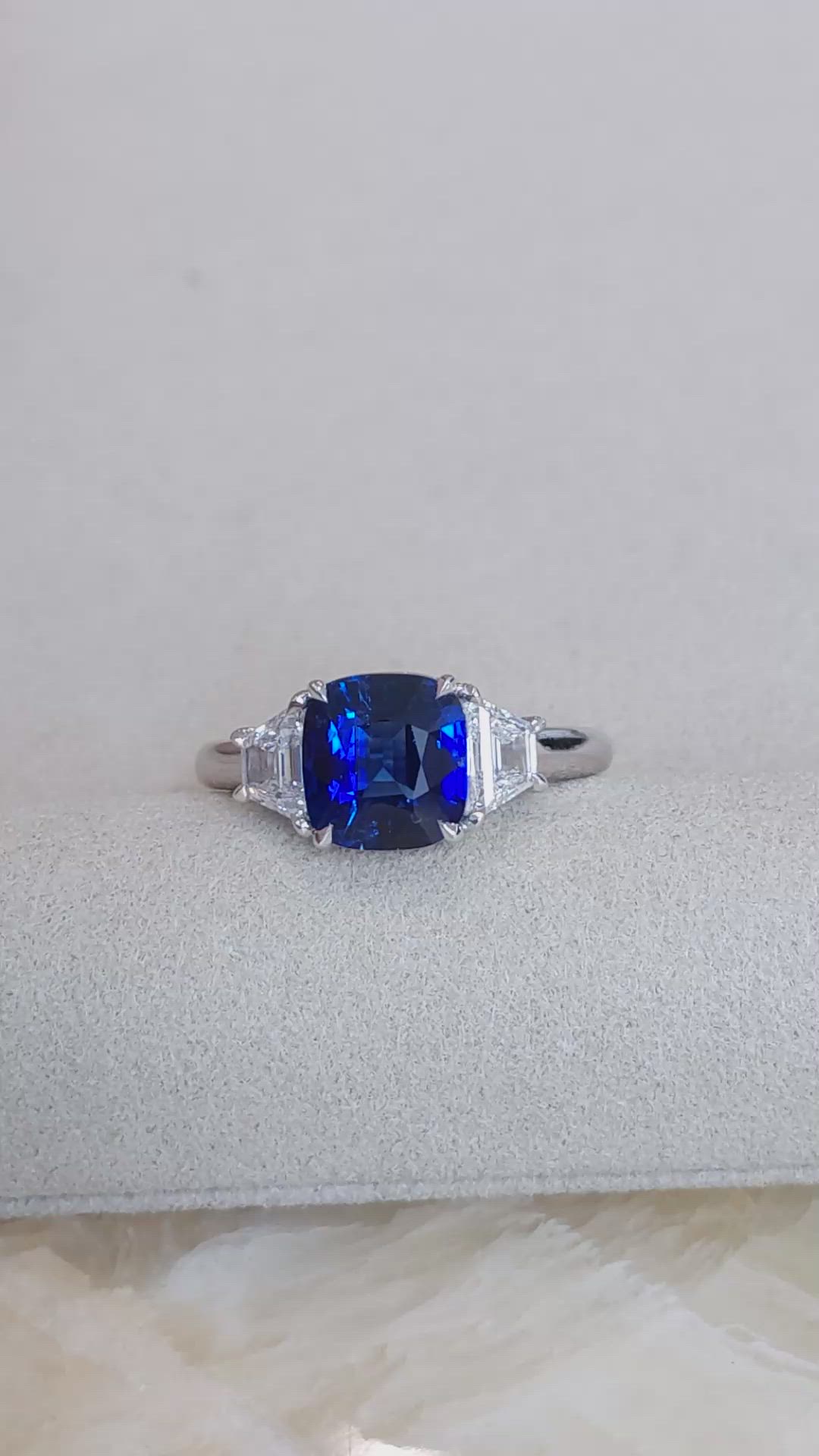 2.57 Ct. Blue Sapphire and Natural Diamond Three Stone Ring, 18K White Gold Size Video