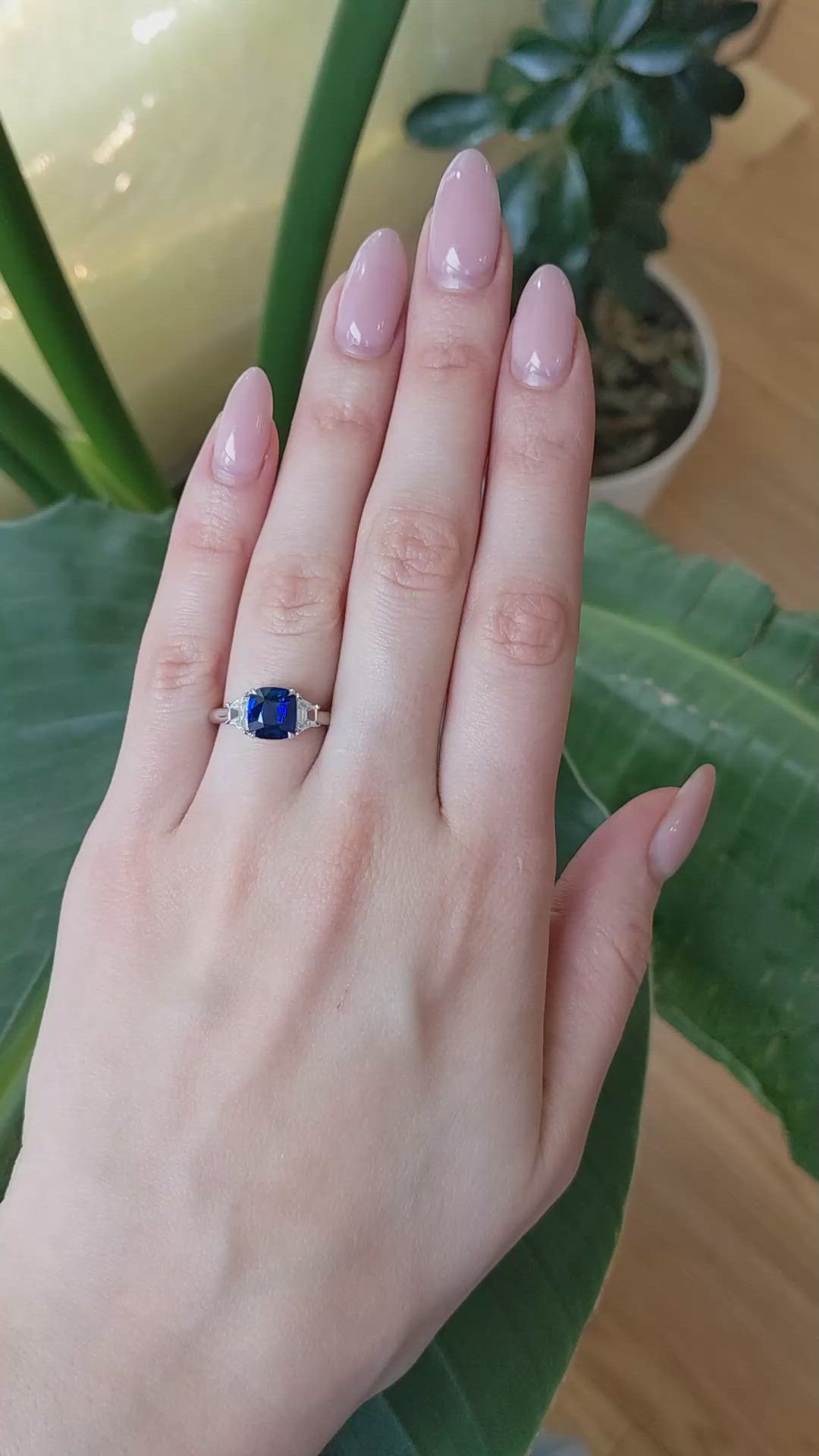 2.57 Ct. Blue Sapphire and Natural Diamond Three Stone Ring, 18K White Gold Size Video