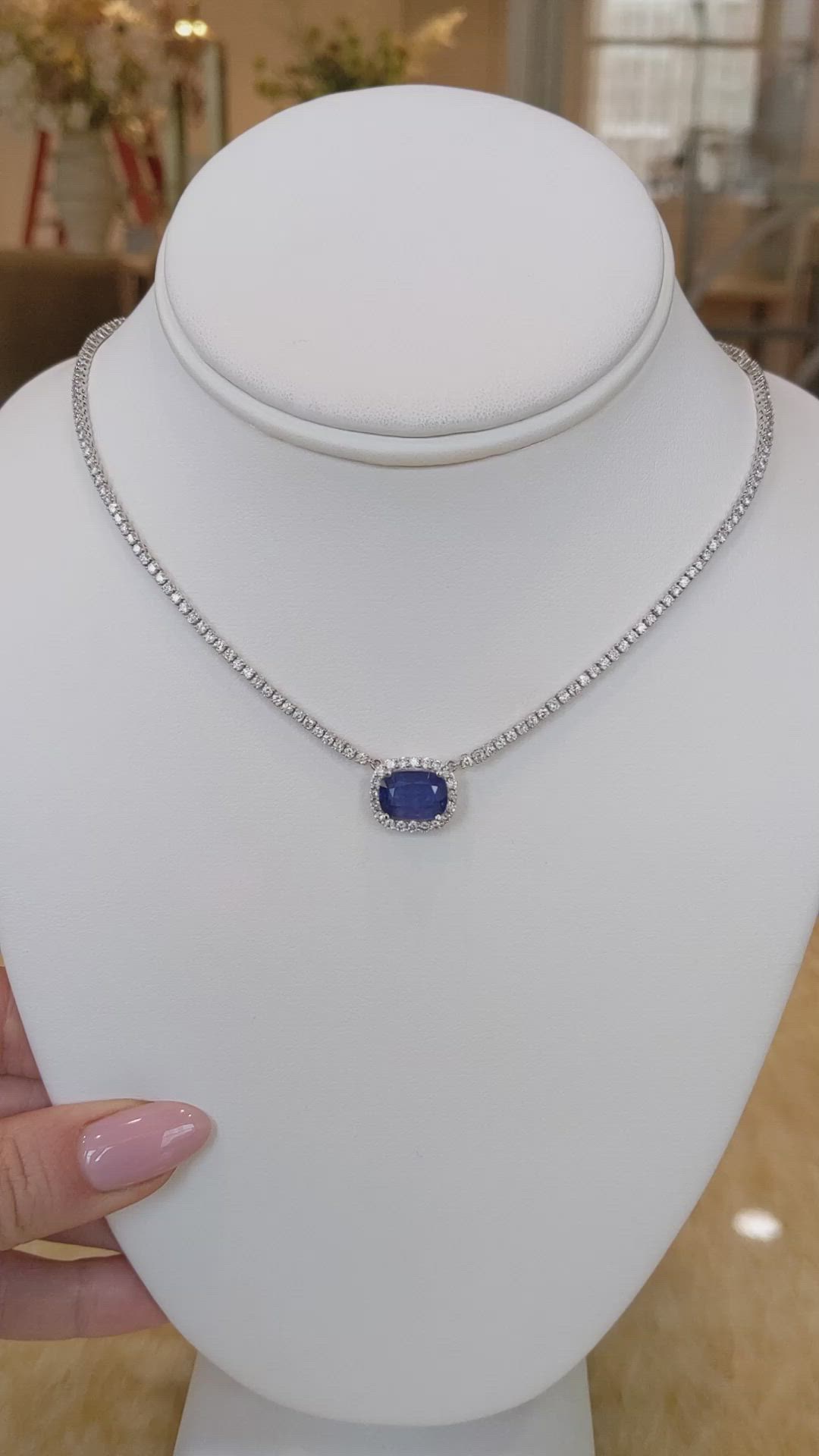 4.31 Ct. Blue Sapphire and Natural Diamond Pave Necklace, 14K White Gold Size Video
