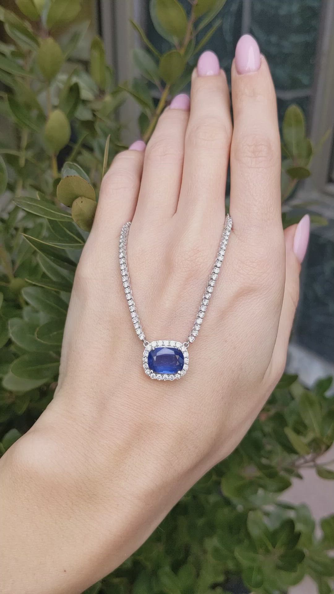 4.31 Ct. Blue Sapphire and Natural Diamond Pave Necklace, 14K White Gold Size Video