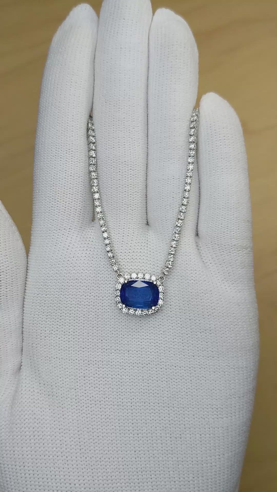 4.31 Ct. Blue Sapphire and Natural Diamond Pave Necklace, 14K White Gold Size Video