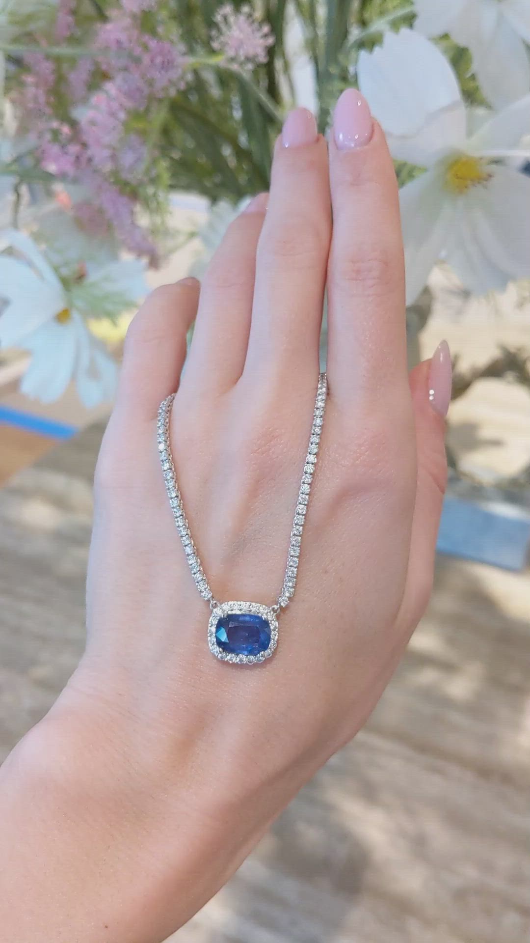 4.31 Ct. Blue Sapphire and Natural Diamond Pave Necklace, 14K White Gold Size Video