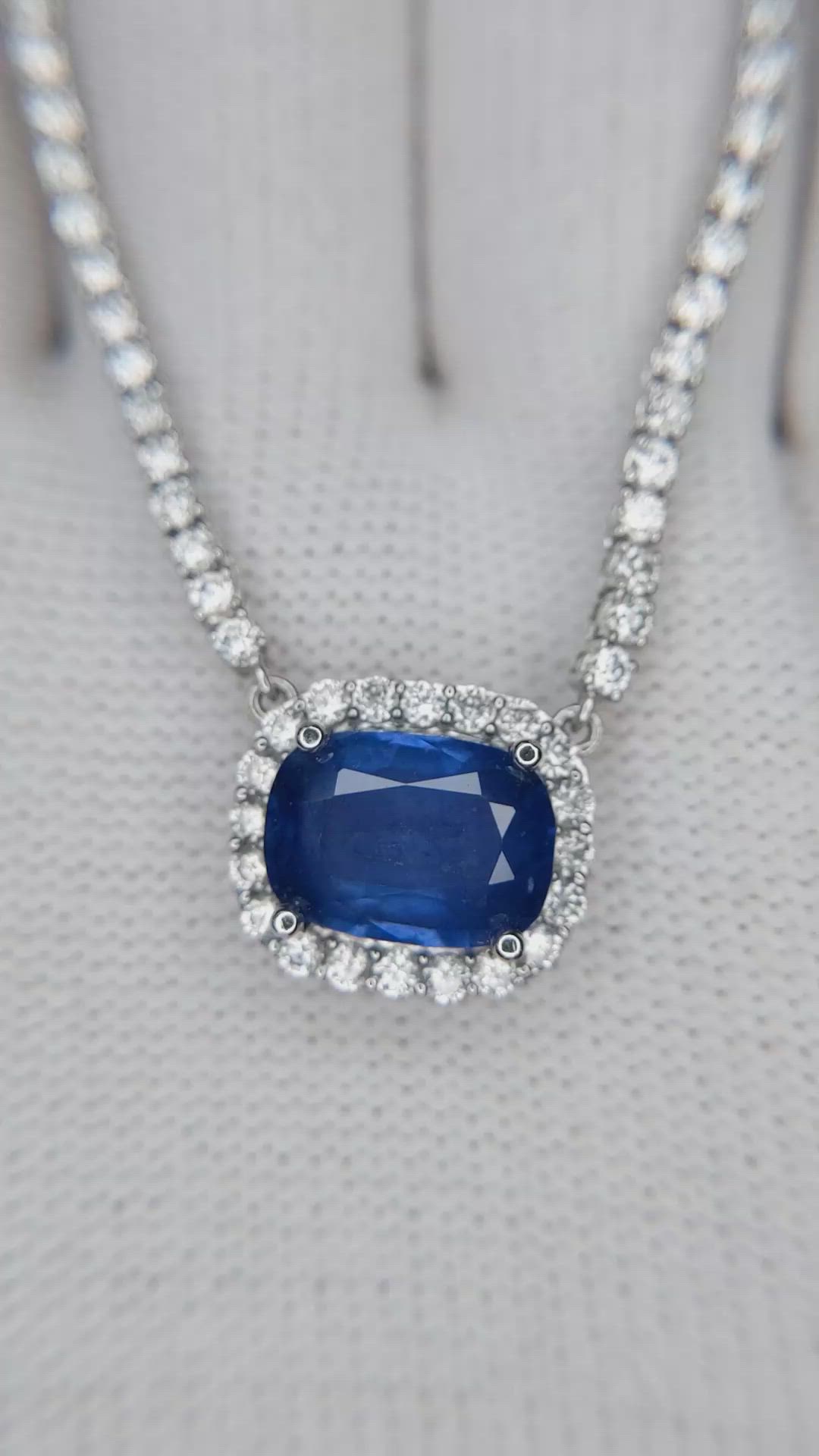 4.31 Ct. Blue Sapphire and Natural Diamond Pave Necklace, 14K White Gold Size Video