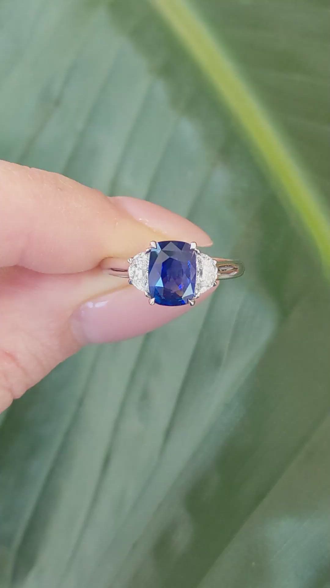 2.51 Ct. Blue Sapphire and Natural Diamond Three Stone Ring, 18K White Gold Size Video