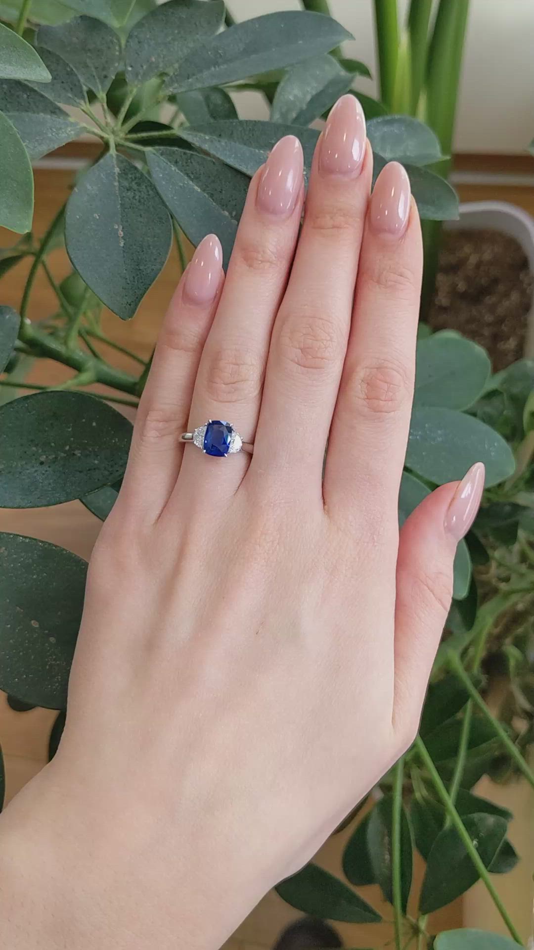 2.51 Ct. Blue Sapphire and Natural Diamond Three Stone Ring, 18K White Gold Size Video