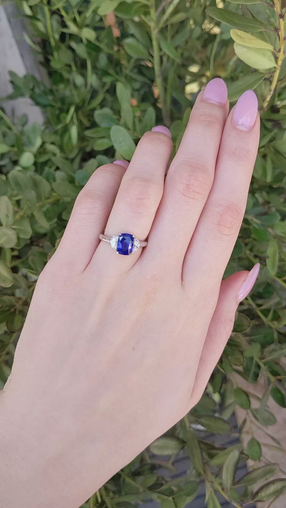 2.51 Ct. Blue Sapphire and Natural Diamond Three Stone Ring, 18K White Gold Size Video