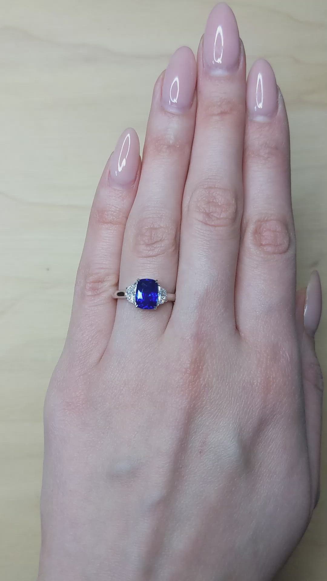 2.51 Ct. Blue Sapphire and Natural Diamond Three Stone Ring, 18K White Gold Size Video